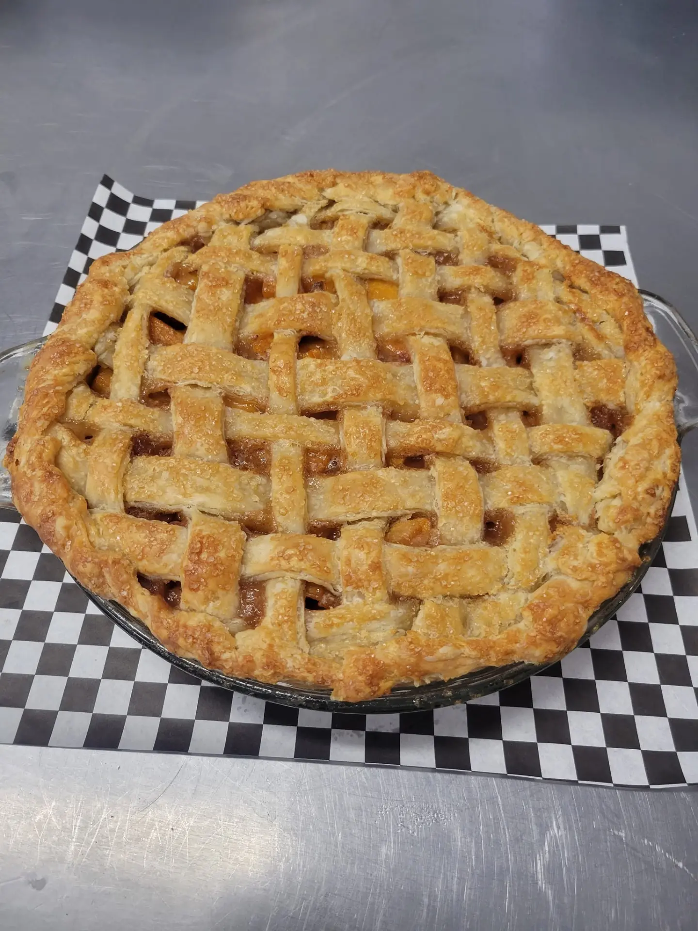 Lattice-crust fruit pie baked from scratch in Lead, SD